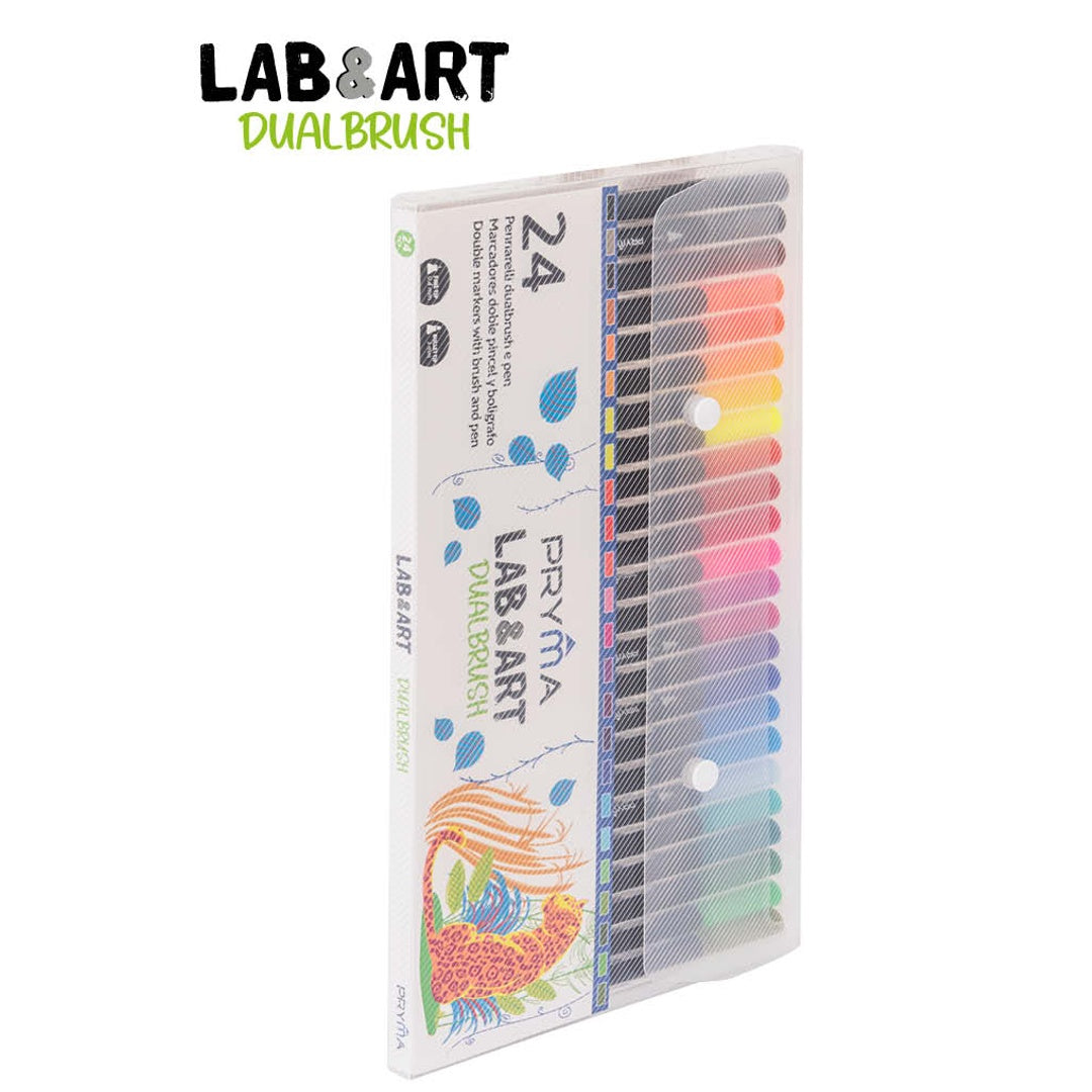 Pryma Dual Brush Pen Set 24 Pennarelli Doppia Punta, Brush 3mm + Fine 0,4mm, Colori Sfumabili per Lettering, Bullet Journal, Disegno e Calligrafia