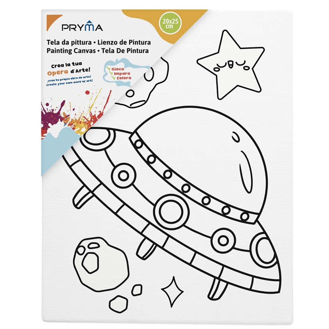 Pryma Set di 4 Tele da Colorare con Pennello e Colori – Kit Pittura per Bambini e Principianti, Attività Creativa e Educativa (Spazio)