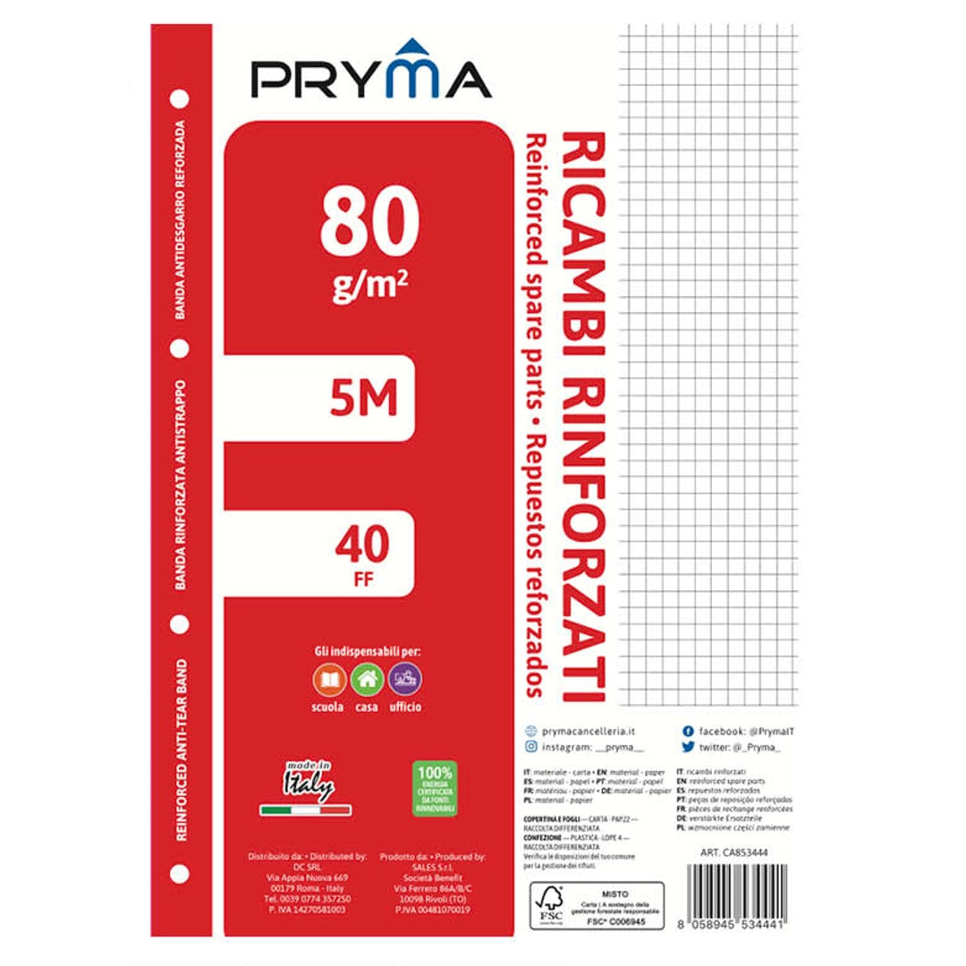 Pryma Ricambi Rinforzati FSC A4 – Confezione 5 Blocchi da 40 Fogli 80 G – Carta per Quaderni ad Anelli, Foratura Universale (Quadretti 5m)