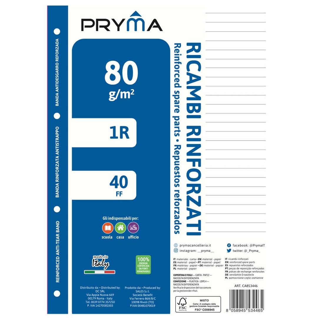 Pryma Ricambi Rinforzati FSC A4 – Confezione 5 Blocchi da 40 Fogli 80 G – Carta per Quaderni ad Anelli, Foratura Universale (Righe 1R)