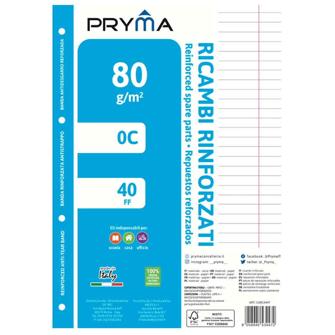 Pryma Ricambi Rinforzati FSC A4 – Confezione 5 Blocchi da 40 Fogli 80 G – Carta per Quaderni ad Anelli, Foratura Universale (Righe 0C)