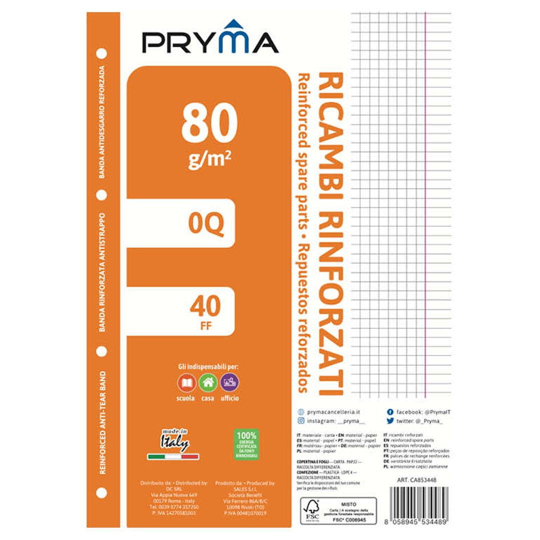 Pryma Ricambi Rinforzati FSC A4 – Confezione 5 Blocchi da 40 Fogli 80 G – Carta per Quaderni ad Anelli, Foratura Universale (Quadretti 0Q)