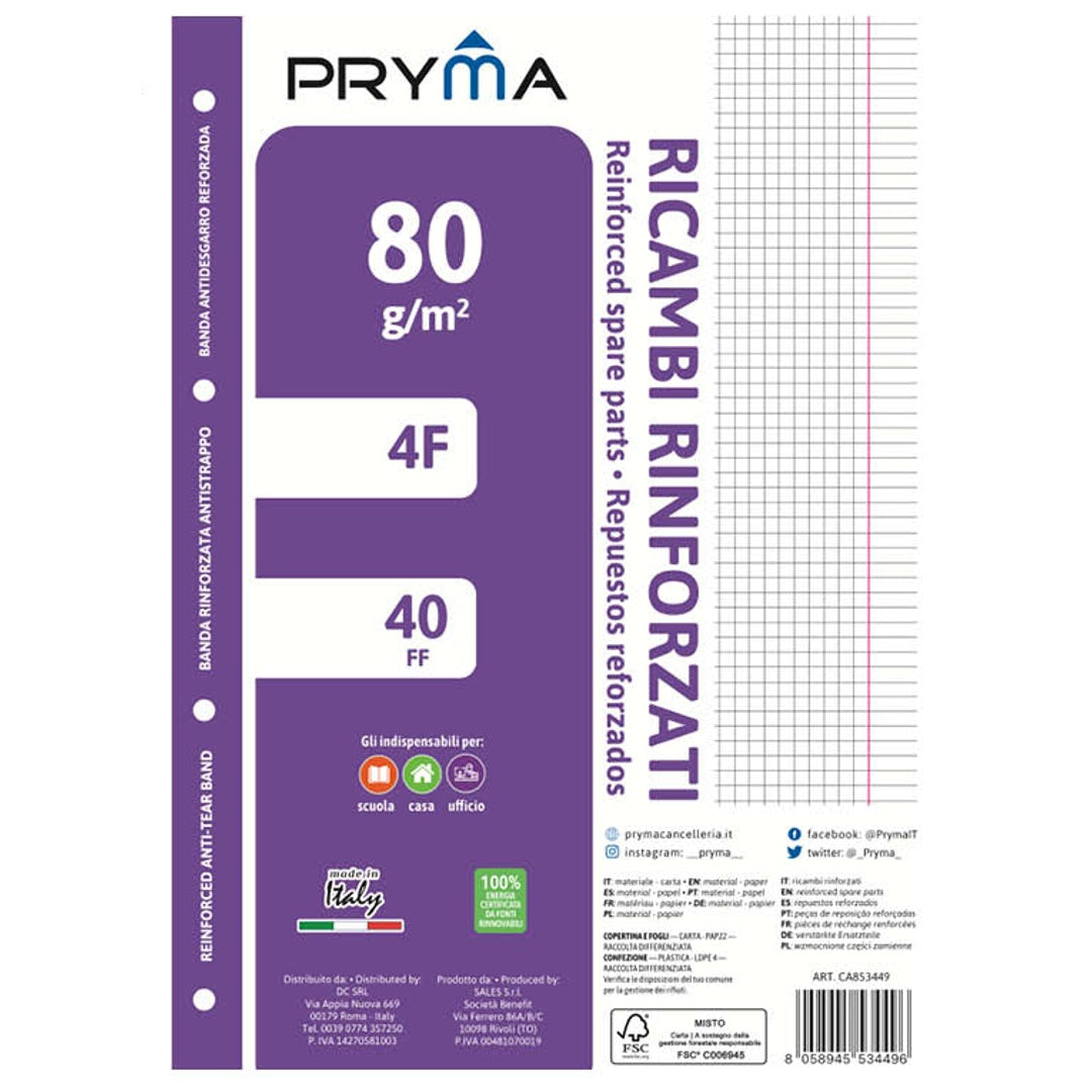 Pryma Ricambi Rinforzati FSC A4 – Confezione 5 Blocchi da 40 Fogli 80 G – Carta per Quaderni ad Anelli, Foratura Universale (Quadretti 4F)