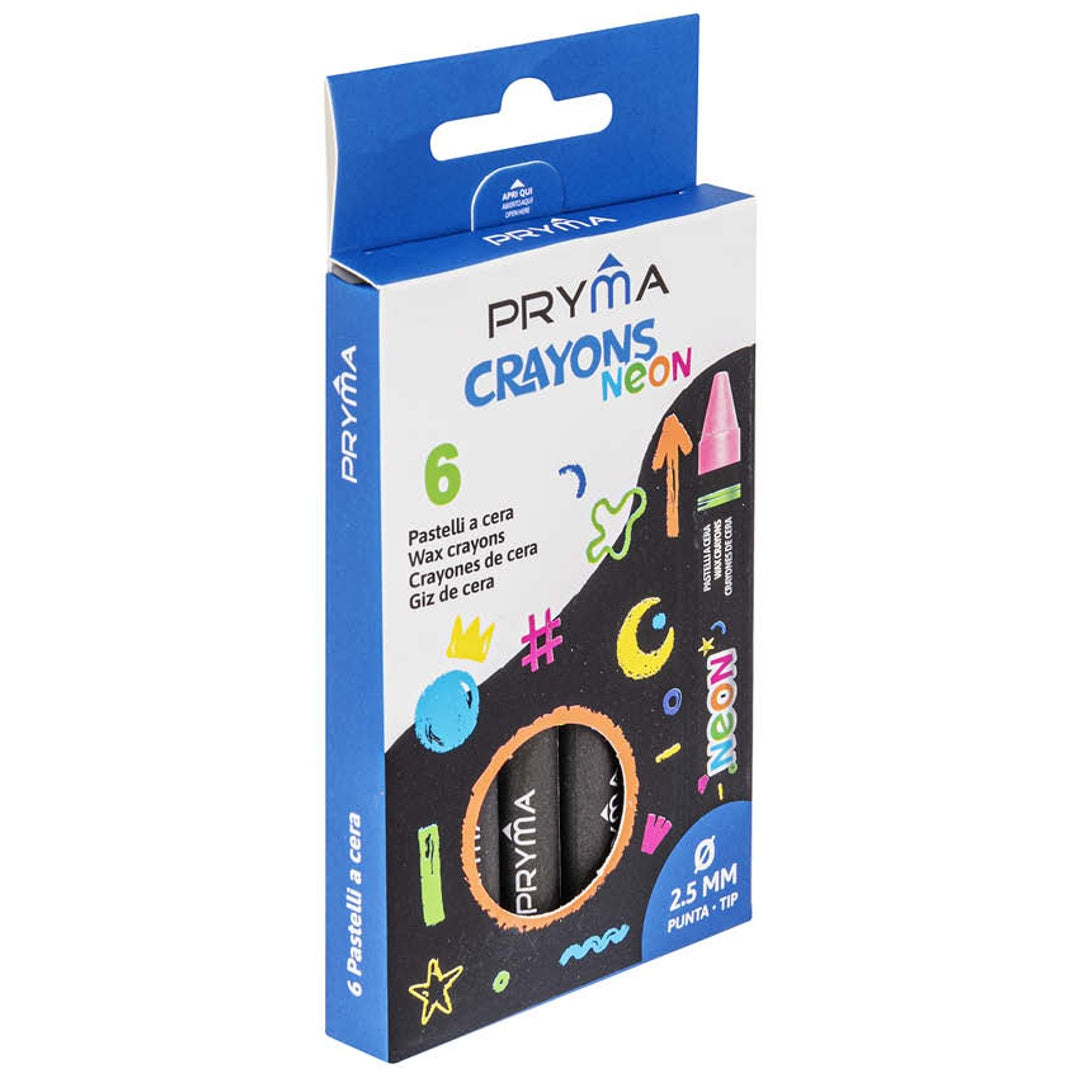 Pryma Pastelli Crayons Neon, Pastelli a Cera Lavabili con Punta Normale per Bambini, Morbidi e Scorrevoli, Colori Assortiti, Facili da Temperare, 6 Pezzi