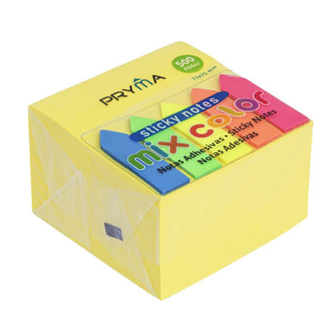 Pryma Stick Notes Adesivi 75x75 Mm 500 Fogli + Segnapagina 5 Colori 25 Fogli – Memo Note e Indicatori per Appunti, Ufficio e Studio (Giallo)