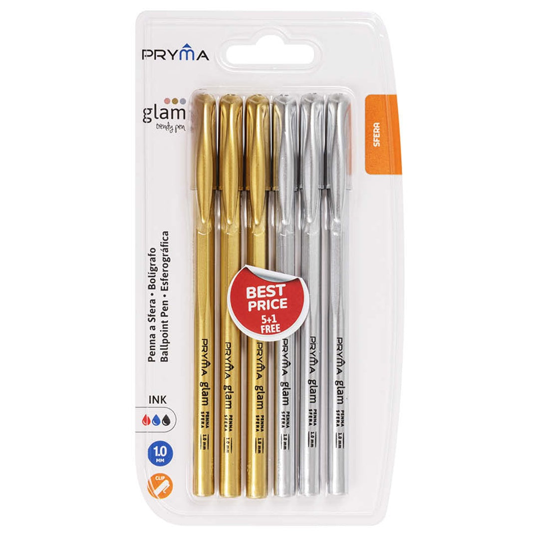 Penna Sfera Glam 1mm - Set 6 Pezzi | Inchiostro Blu e Nero | Scrittura Scorrevole, Design Elegante per Ufficio, Scuola e Casa