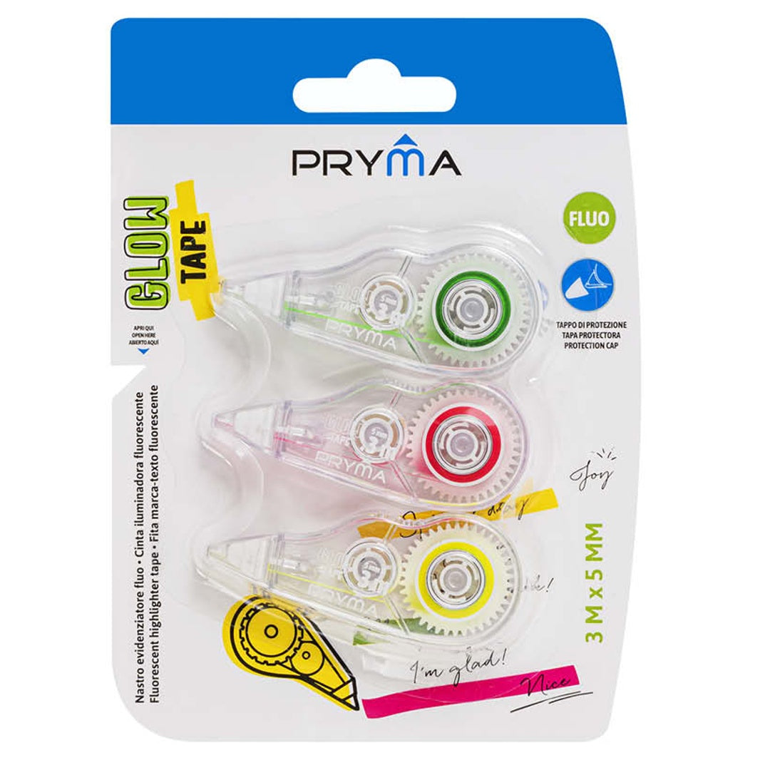 Pryma Set 3 Nastri Evidenziatori Fluo 5 Mm X 3 M – Evidenziatori a Nastro Rosso, Verde e Giallo con Tappo, per Scuola, Ufficio, Planner e Diario