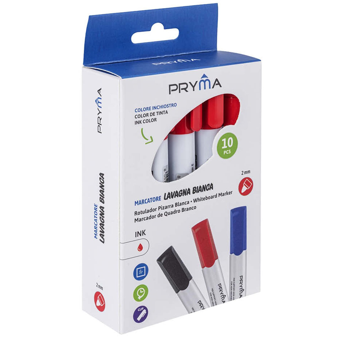 Pryma Marcatore Lavagna Bianca Rosso – Punta Tonda 2 Mm, Cancellabile a Secco, Confezione da 10 Pezzi per Scuola, Ufficio e Casa