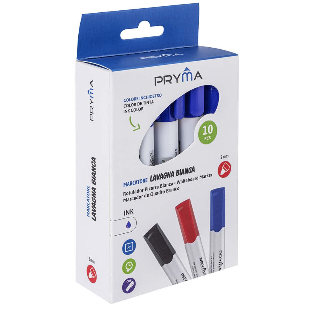 Pryma Marcatore Lavagna Bianca – Punta Tonda 2 Mm, Cancellabile a Secco, Confezione da 10 Pezzi per Scuola, Ufficio e Casa (Blu)