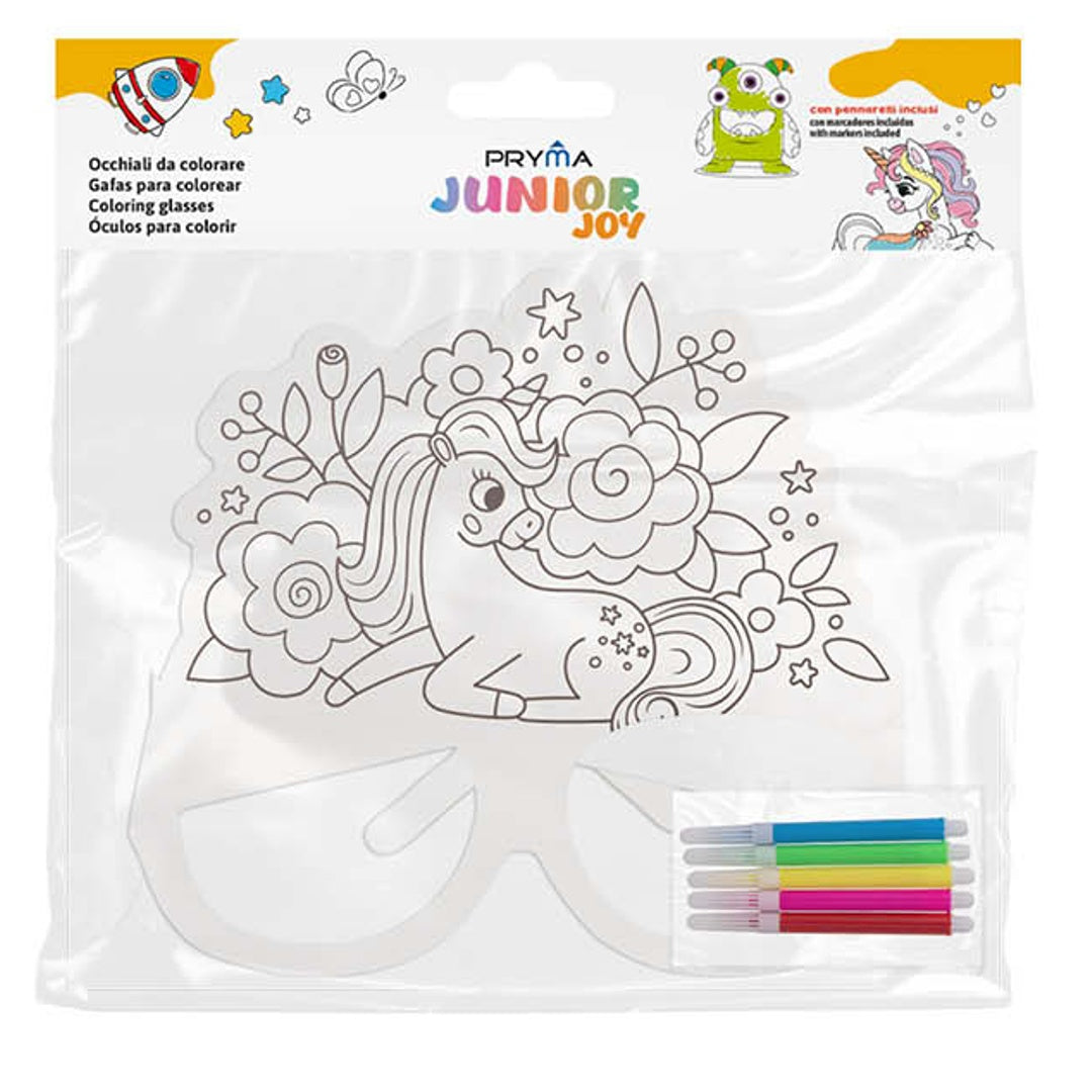 Pryma Occhiali da Colorare per Bambini – Set 3 Occhiali in Cartoncino 18,5x11,5 Cm + 5 Pennarelli Inchiostro ad Acqua | Attività Creativa e Didattica