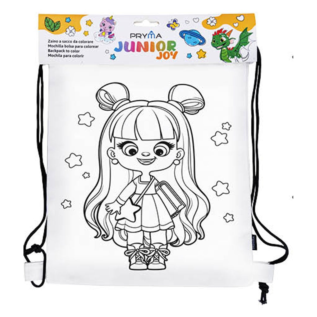 Pryma Zaino Sacco da Colorare - Set da 4 Zaini 27x35 cm con Pennarelli Inclusi | 4 Fantasie di Unicorni e Ballerine Diverse per Bambine, Scuola e Tempo Libero