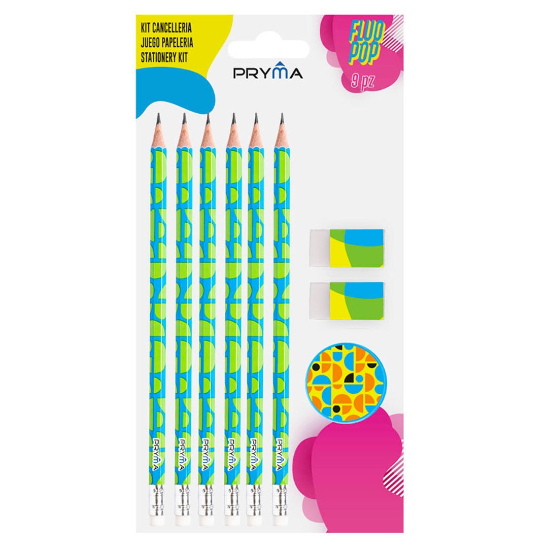 Pryma Kit Cancelleria 9 Pezzi Linea FluoPop – 6 Matite, 2 Gomme, 1 Temperino, Design Fluo Colorato, Set Scuola per Bambini, Ragazzi, Ufficio e Casa