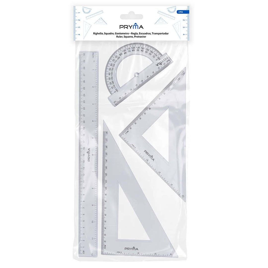 Pryma Set Strumenti Geometrici 4 Pezzi – Righello 30 Cm + Squadra 45° + Squadra 60° + Goniometro 180° – Strumenti di Precisione per Scuola e Ufficio