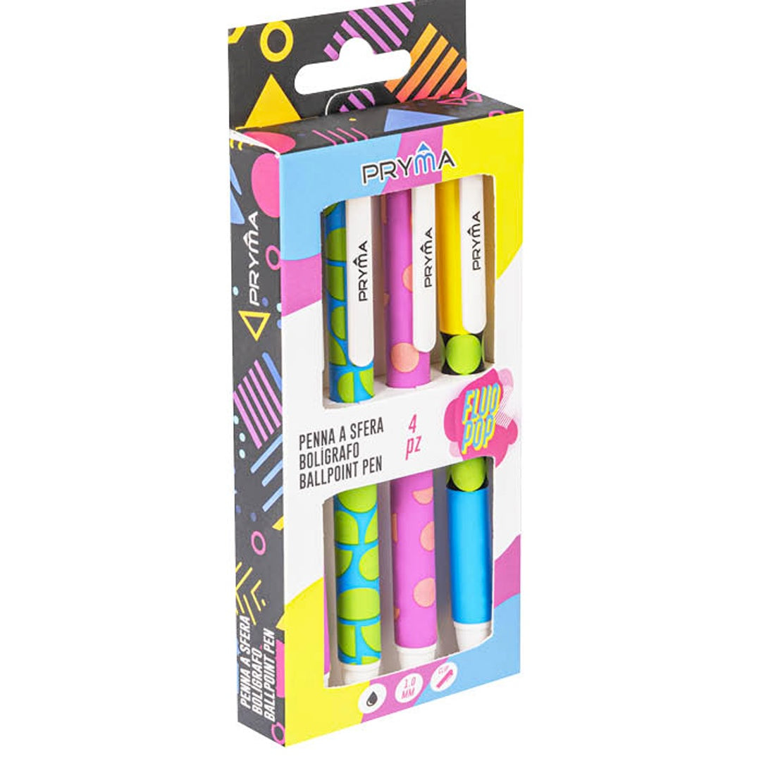 Pryma Set 4 Penne a Sfera a Scatto 1 Mm – Inchiostro Nero, Design Fluo Colorato, Penne per Scuola, Ufficio, Casa – Linea FluoPop