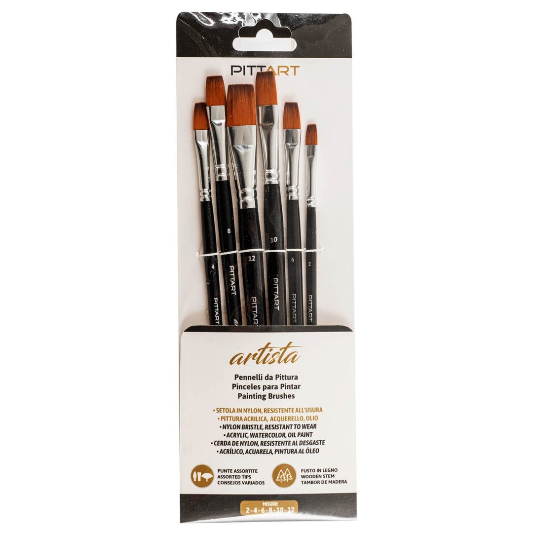 PRYMA Artista – Set di pennelli da pittura 6 pezzi, misure 2-4-6-8-10-12 – Pennelli professionali per acrilico, olio e acquerello – per artisti, hobby e belle arti (Punta piatta)