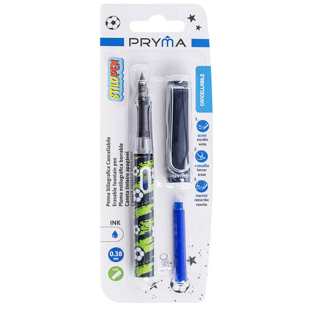 Pryma Penna Cancellabile Stilo Blu – Punta EF 3,4 mm – Lunghezza 14,5 cm – Inchiostro Cancellabile – Corpo in ABS e Acciaio – Ideale per Scuola e Ufficio (Calcio)
