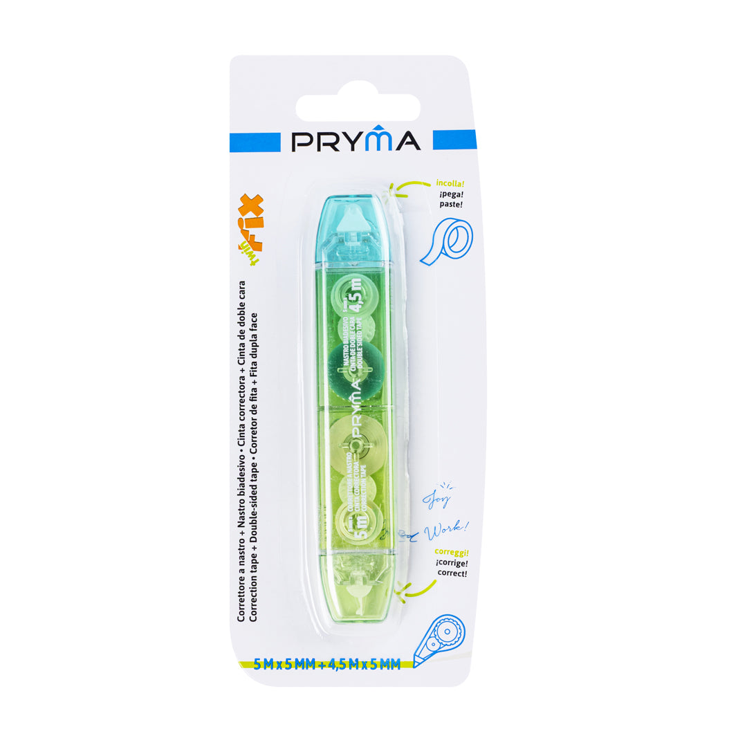 PRYMA Twin Fix - Correttore a Nastro 5mm x 5m e Nastro Biadesivo Permanente 5mm x 4.5m – 2 in 1 Dispositivo Combinato pe