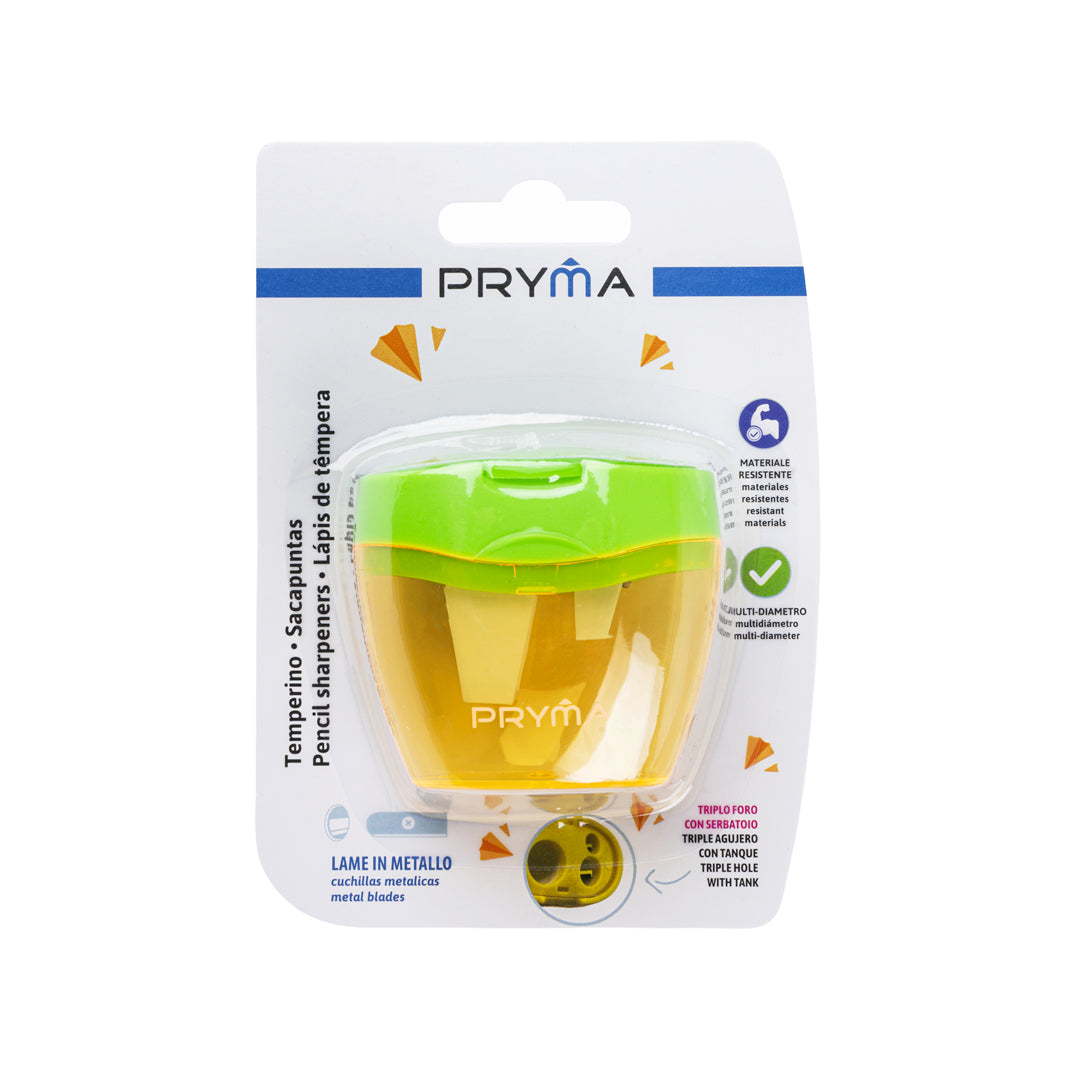 PRYMA Temperino con Serbatoio Fluo, 3 Fori Multi-Diametro (6.3x3.5x5.7cm) – Appuntamatite con Contenitore e Lame in Meta
