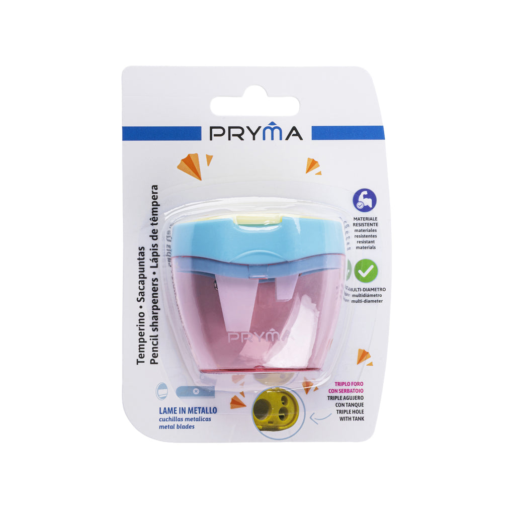 PRYMA Temperino con Serbatoio Pastello, 3 Fori Multi-Diametro (6.3x3.5x5.7cm) – Appuntamatite con Contenitore e Lame in 