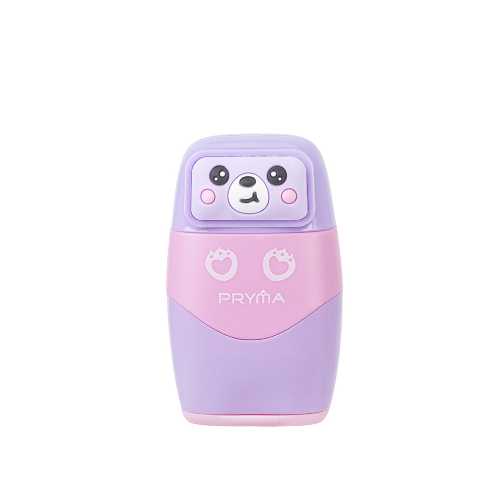 PRYMA Gomma e Temperino 2 Fori Kawaii Lilla (Orsetto) – Set 2-in-1 Doppia Funzione, Gomma per Cancellare con Temperamati