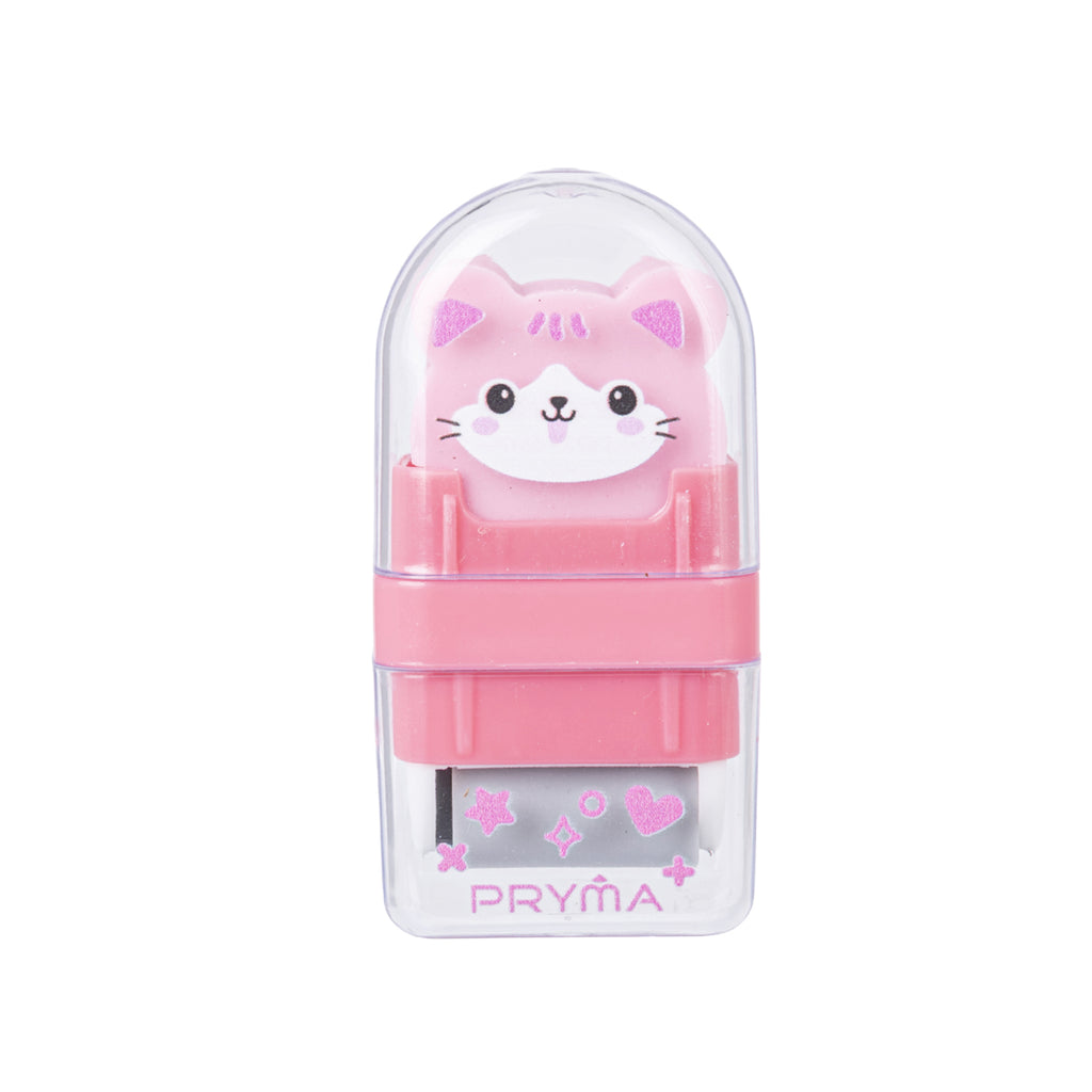 PRYMA Gomma e Rullo Raccoglipelucchi Kawaii Rosa (Gattino), 3 x 6 x 1.5 cm – Set Gomma per Cancellare con Rullo Pulisci-