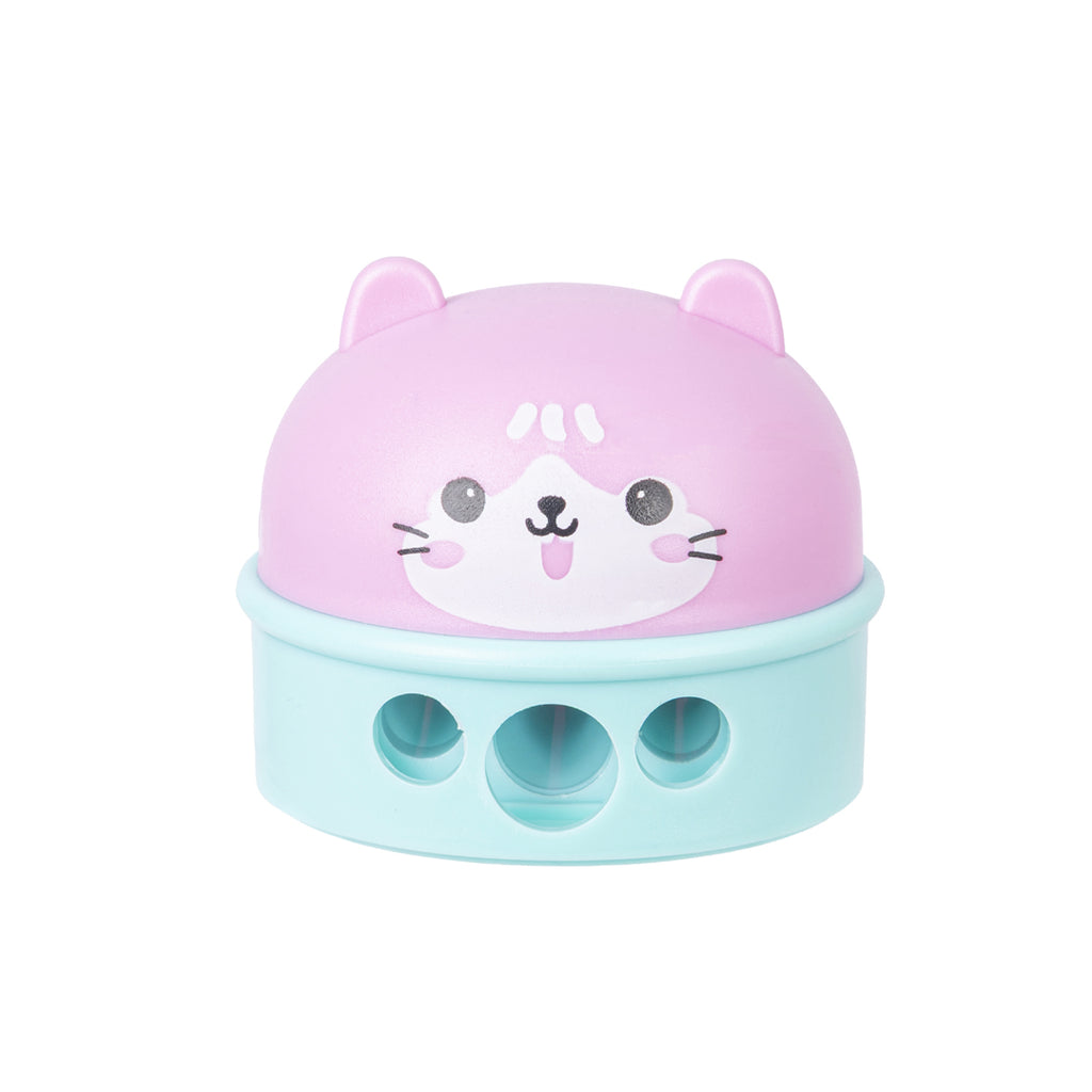 PRYMA Temperino 3 Fori Kawaii Rosa e Azzurro (Gattino), 6 x 6 x 5 cm – Temperamatite con Serbatoio per Matite Standard, 