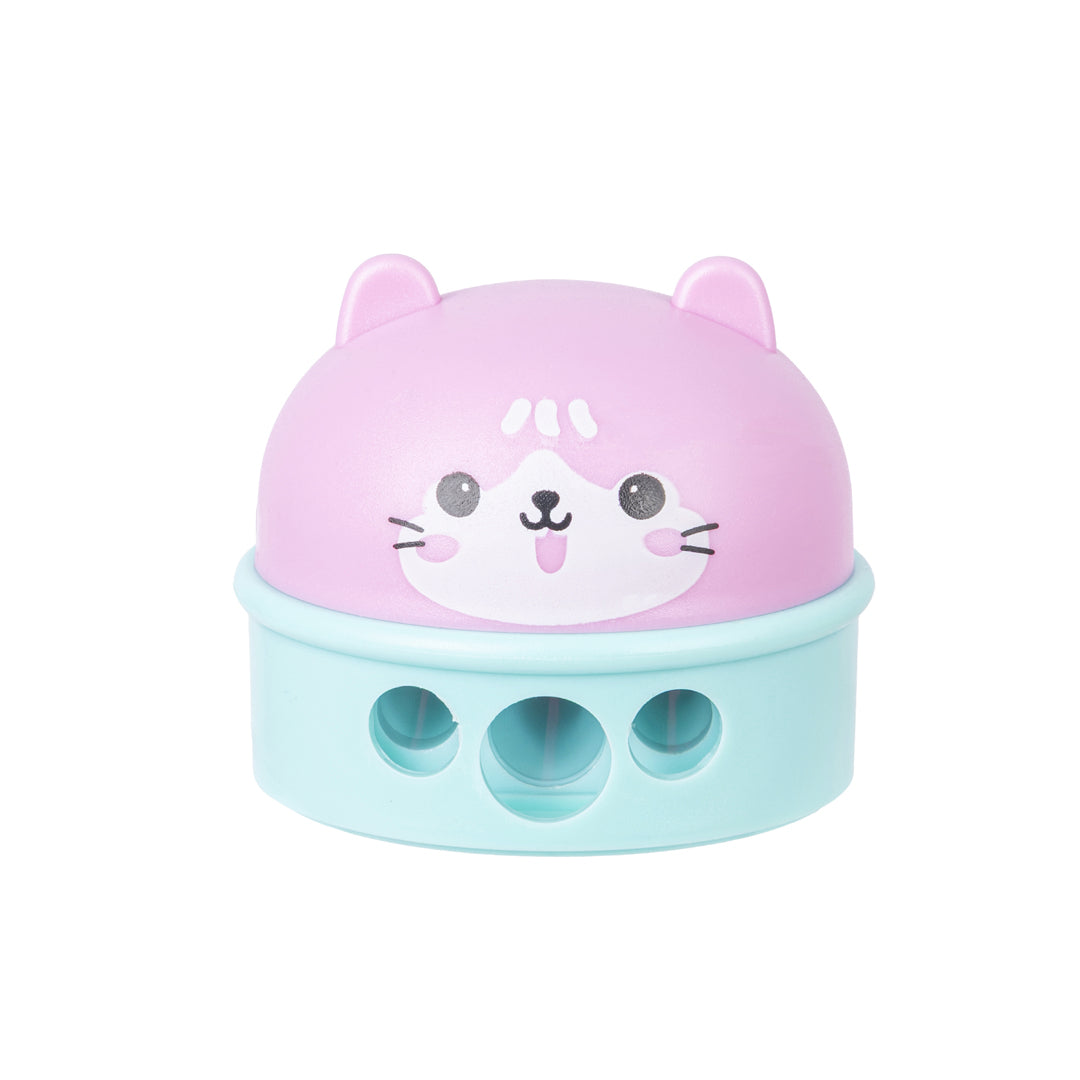 PRYMA Temperino 3 Fori Kawaii Rosa e Azzurro (Gattino), 6 x 6 x 5 cm – Temperamatite con Serbatoio per Matite Standard, 
