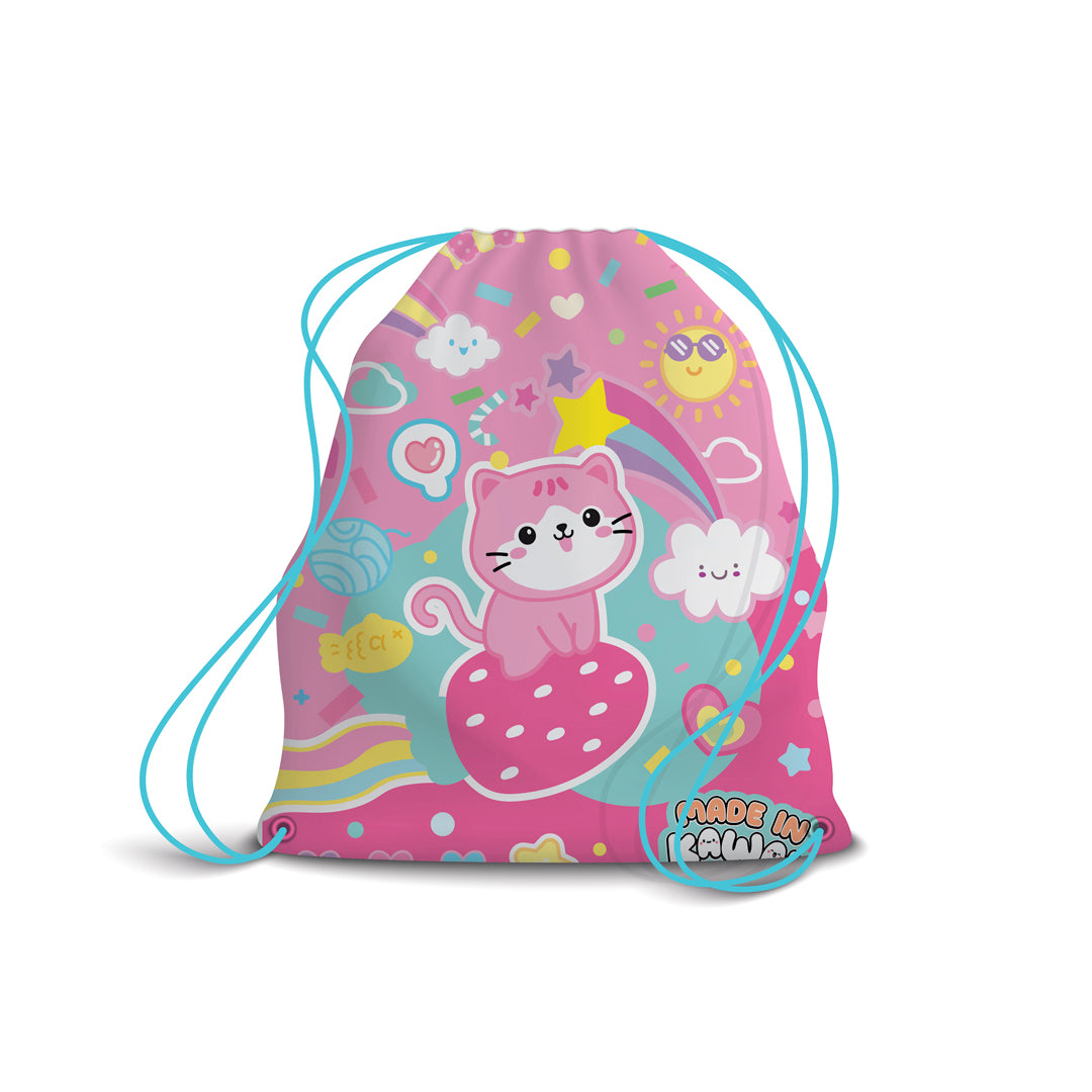 PRYMA Zaino a Sacco Kawaii Azzurro e Rosa (Gattino), 25 x 35 cm – Sacchetta Coulisse Portascarpe e Cambio per Asilo, Scu