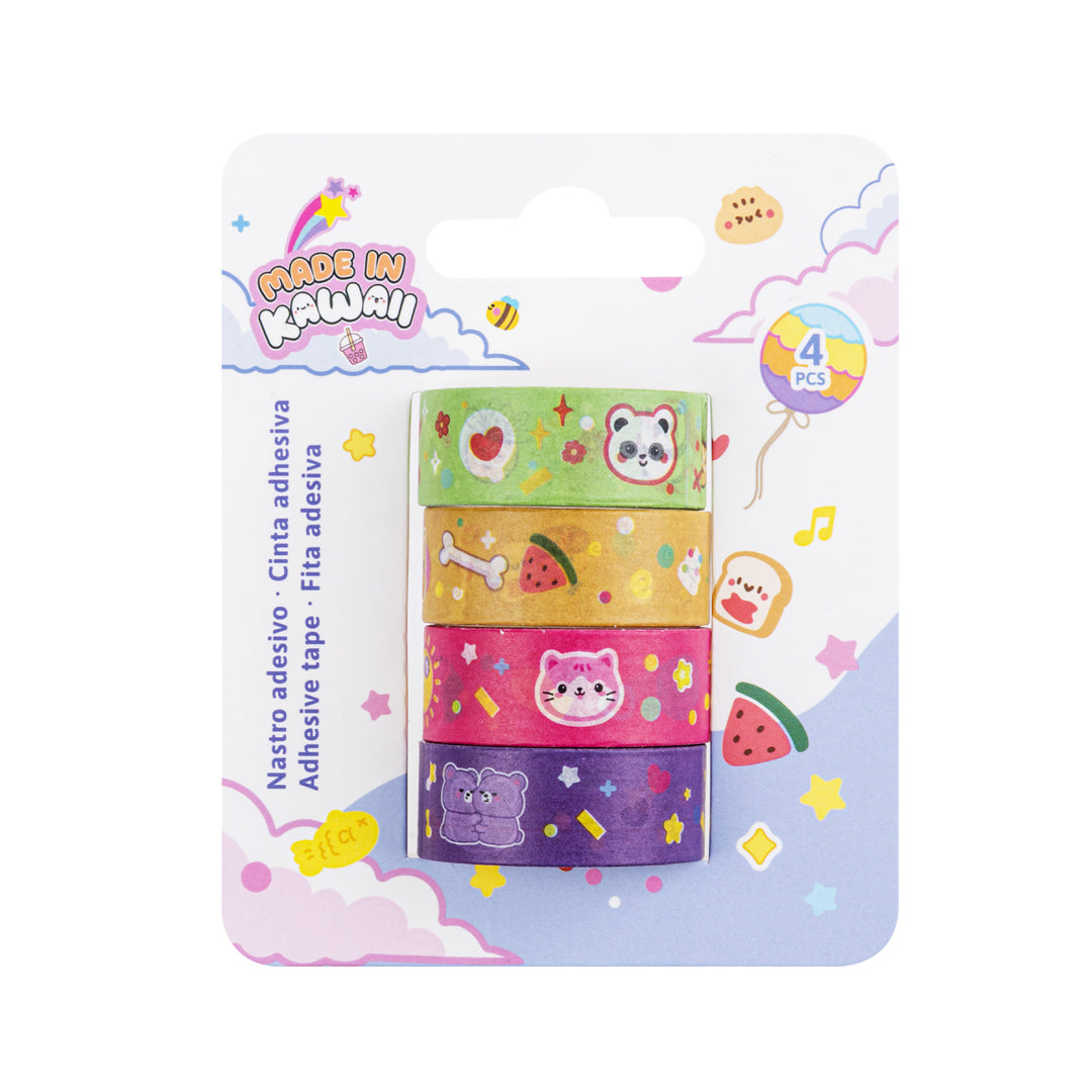 PRYMA Set 4 Pezzi Nastro Adesivo in Carta Kawaii, 1.5 cm x 2 m – Washi Tape Decorativi per Scrapbooking, Diario, Agenda 