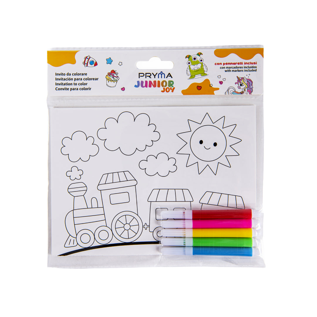 PRYMA Junior Joy Biglietti Invito Compleanno da Colorare per Bambini – Set Creativo ad Album Pieghevole con 5 Pennarelli