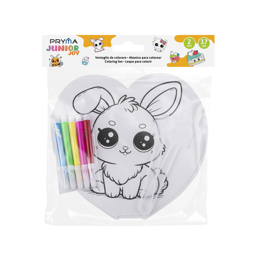 PRYMA Junior Joy Set 2 Ventagli da Colorare per Bambini, Altezza 17 cm – Kit Creativo a Forma di Cuore con Manico e 5 Pe