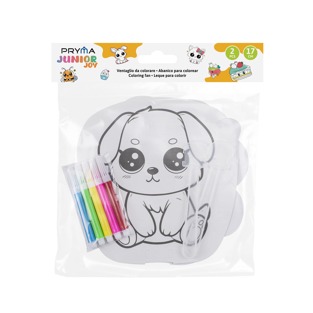 PRYMA Junior Joy Set 2 Ventagli da Colorare per Bambini, Altezza 17 cm – Kit Creativo Sagomato con Manico e 5 Pennarelli