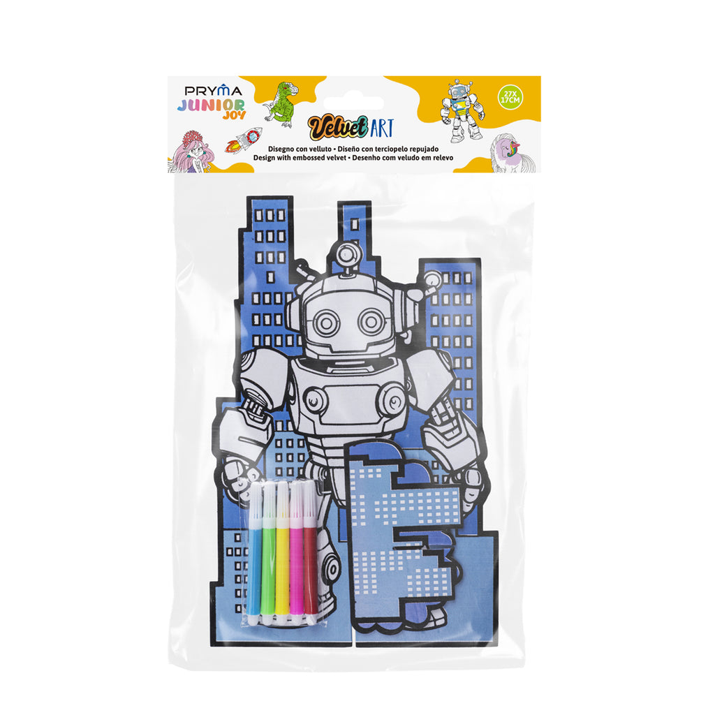 PRYMA Junior Joy Velvet Art Disegno con Velluto a Rilievo per Bambini, 27 x 17 cm – Kit Creativo Robot Futurista 3D da T