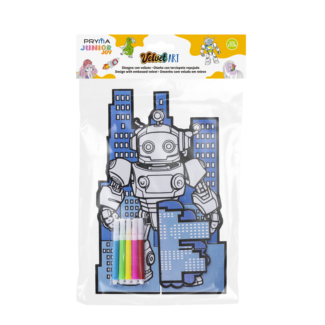 PRYMA Junior Joy Velvet Art Disegno con Velluto a Rilievo per Bambini, 27 x 17 cm – Kit Creativo Robot Futurista 3D da T