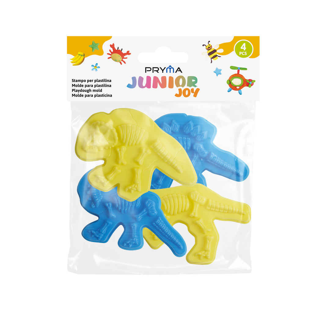 PRYMA Junior Joy Set 4 Stampi per Plastilina e Pasta Modellabile per Bambini – Formine Rigide 3D Dinosauri (Scheletri di