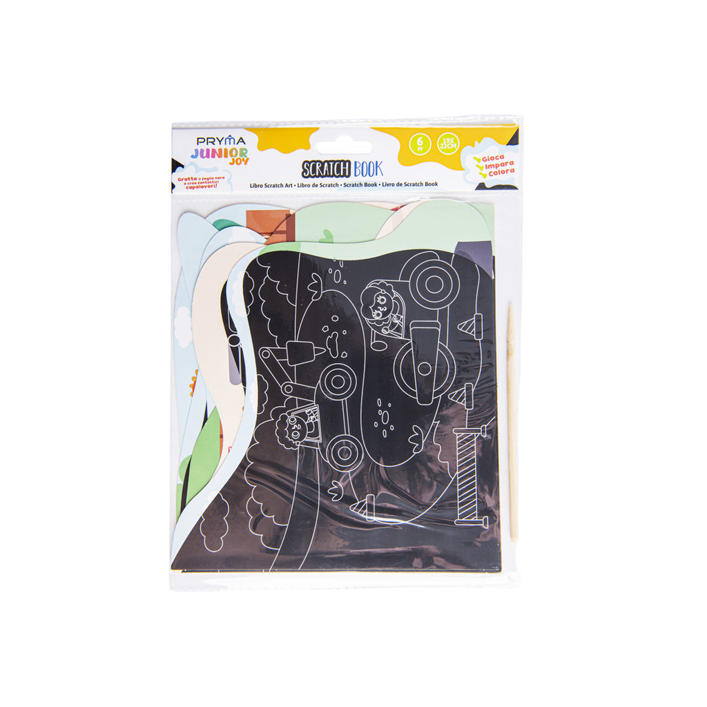 PRYMA Junior Joy Scratch Book per Bambini, 19 x 22 cm – Album Magico da Grattare 6 Fogli Sagomate Tema Veicoli da Cantie