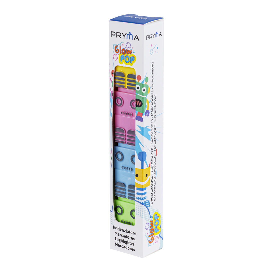 PRYMA Glow Pop Set Evidenziatori per Bambini a Forma di Robot Componibili, 4 Colori Fluorescenti Impilabili – Mini Evide
