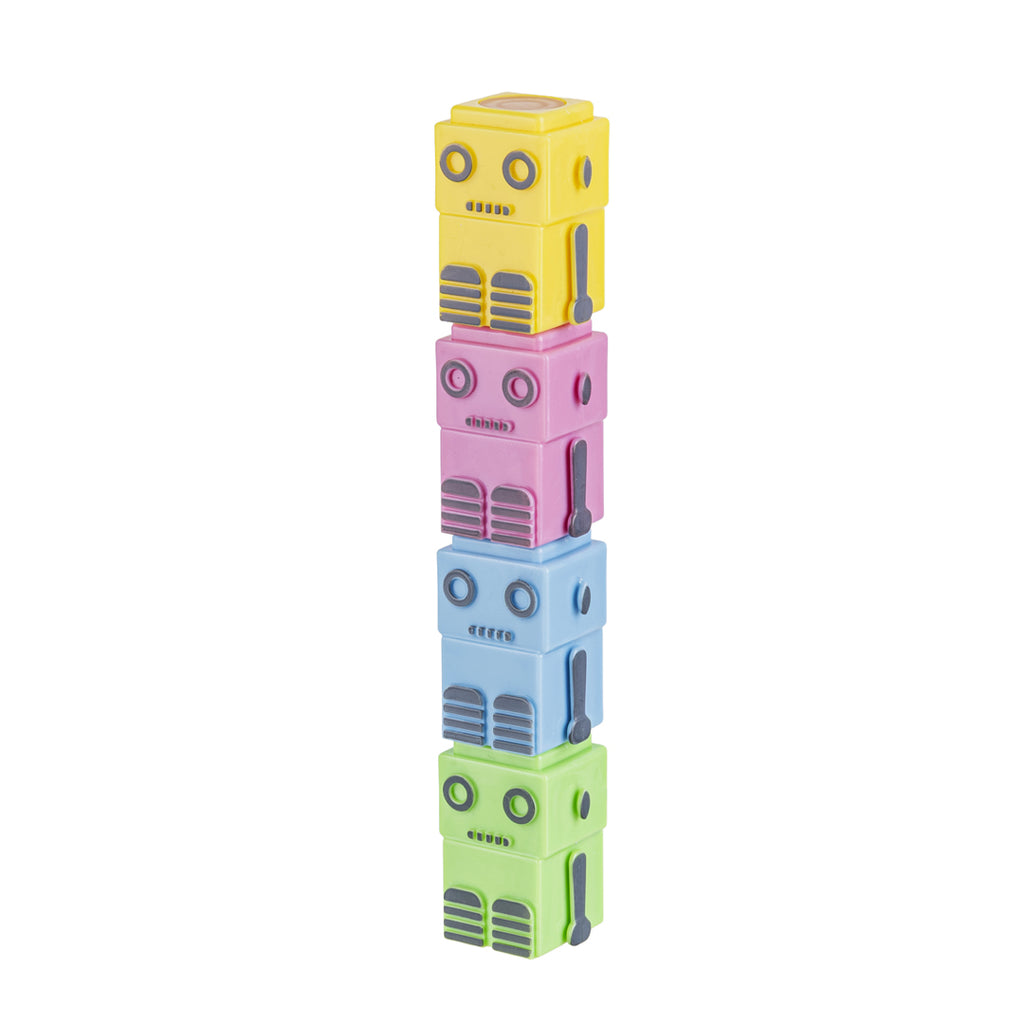 Glow Pop Set Evidenziatori per Bambini a Forma di Robot Componibili, 4 Colori Fluorescenti Impilabili - Pryma