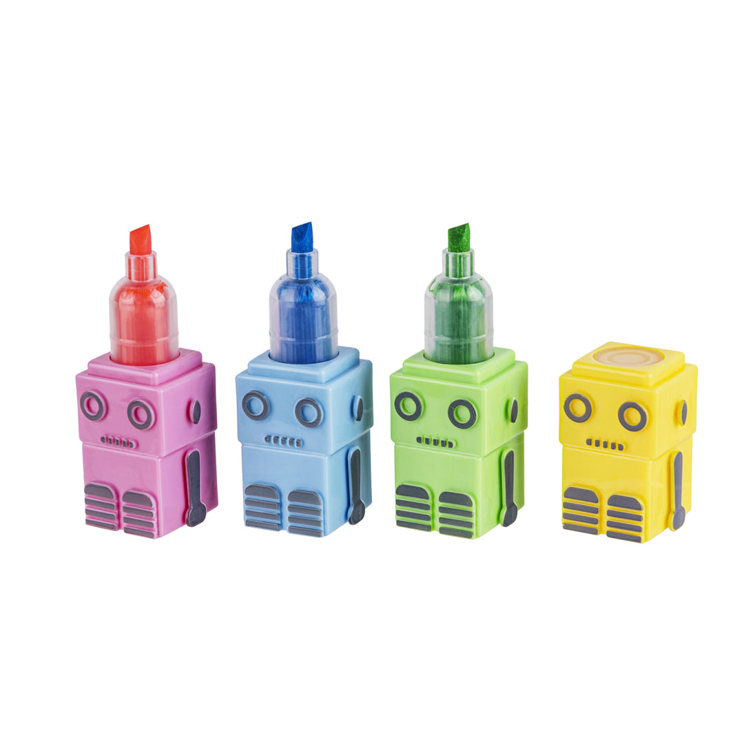 Glow Pop Set Evidenziatori per Bambini a Forma di Robot Componibili, 4 Colori Fluorescenti Impilabili - Pryma