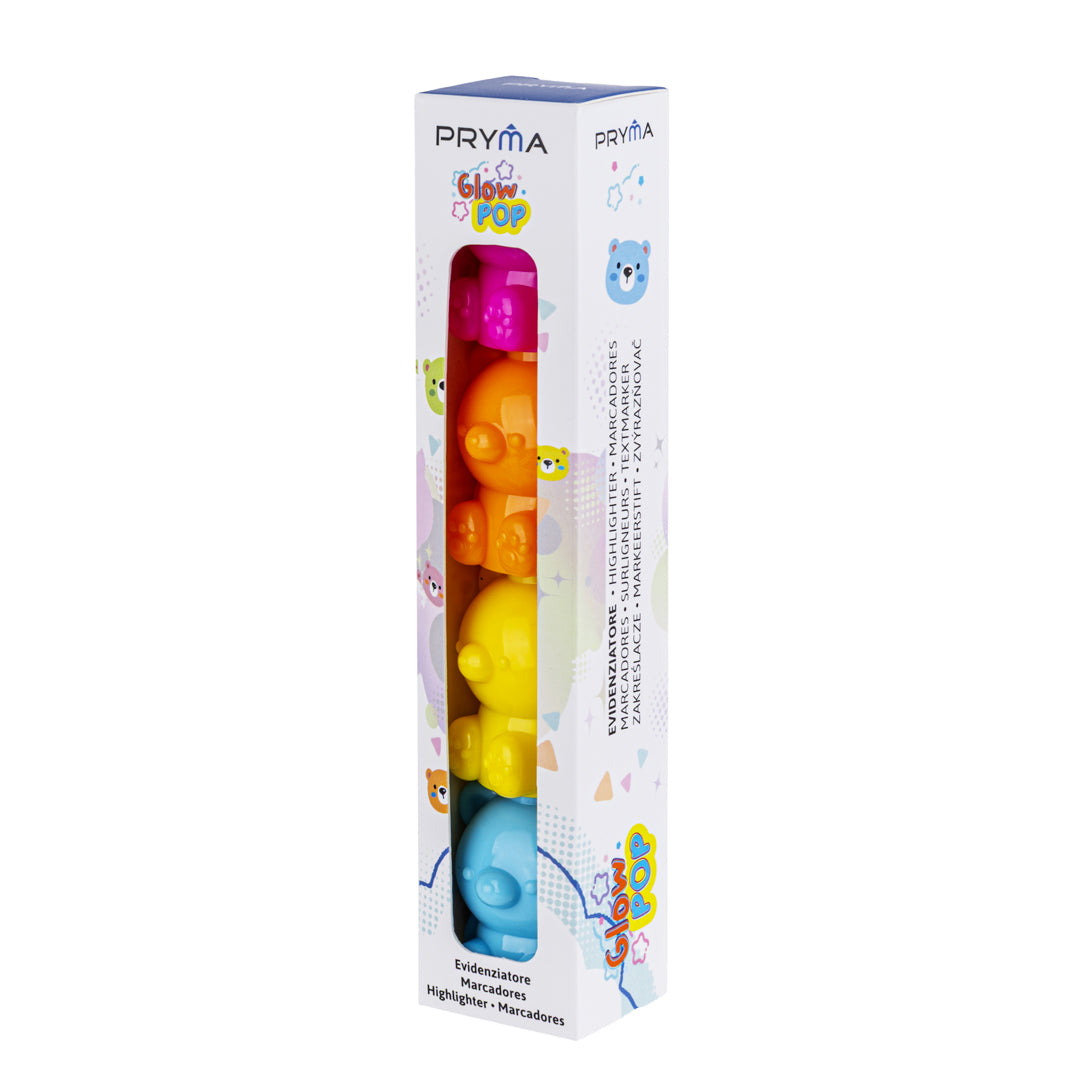 PRYMA Glow Pop Set Evidenziatori per Bambini a Forma di Orsetto Componibili, 4 Colori Fluorescenti Impilabili – Mini Evi