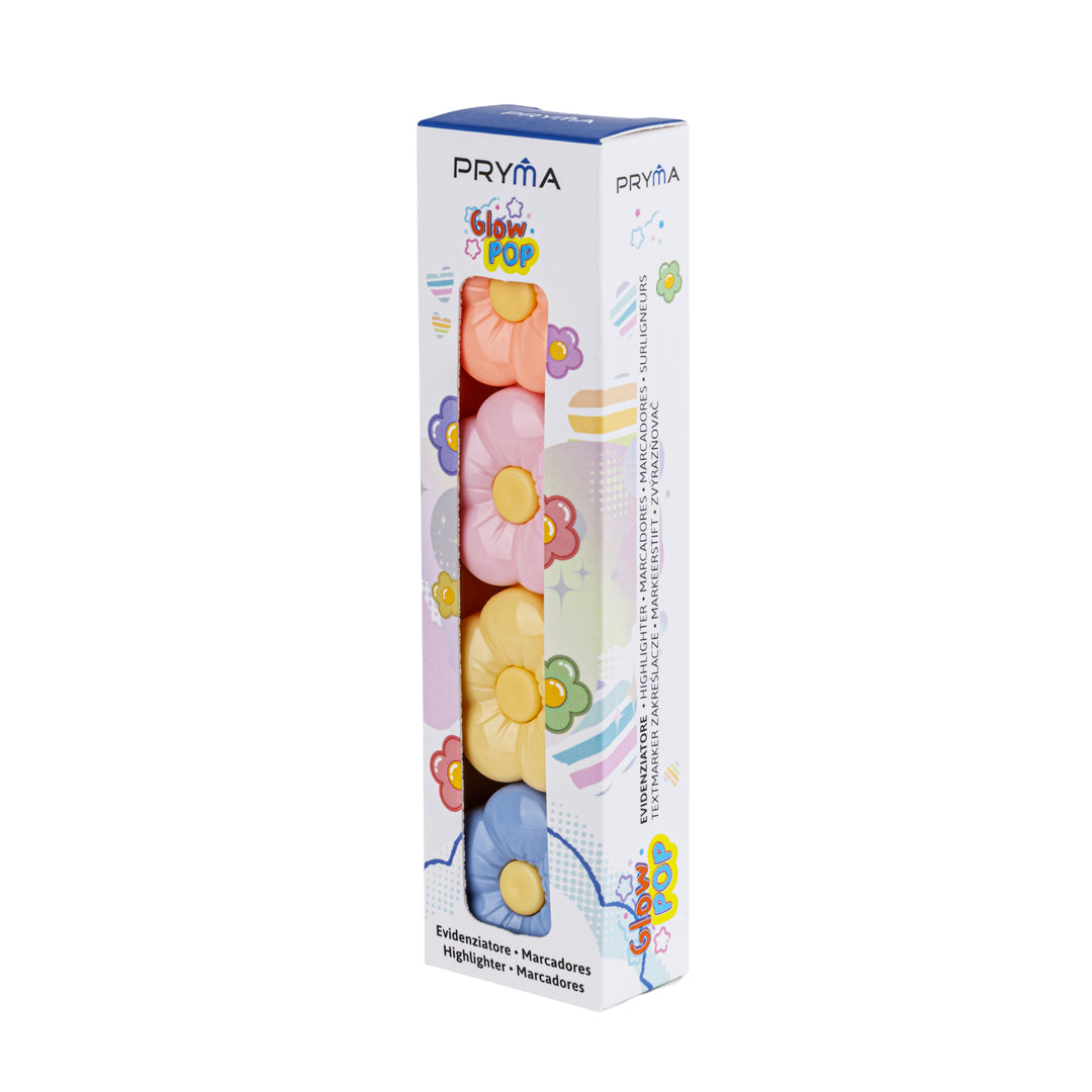 PRYMA Glow Pop Set Evidenziatori per Bambini a Forma di Fiore Componibili, 4 Colori Pastello e Neon Impilabili – Mini Ev