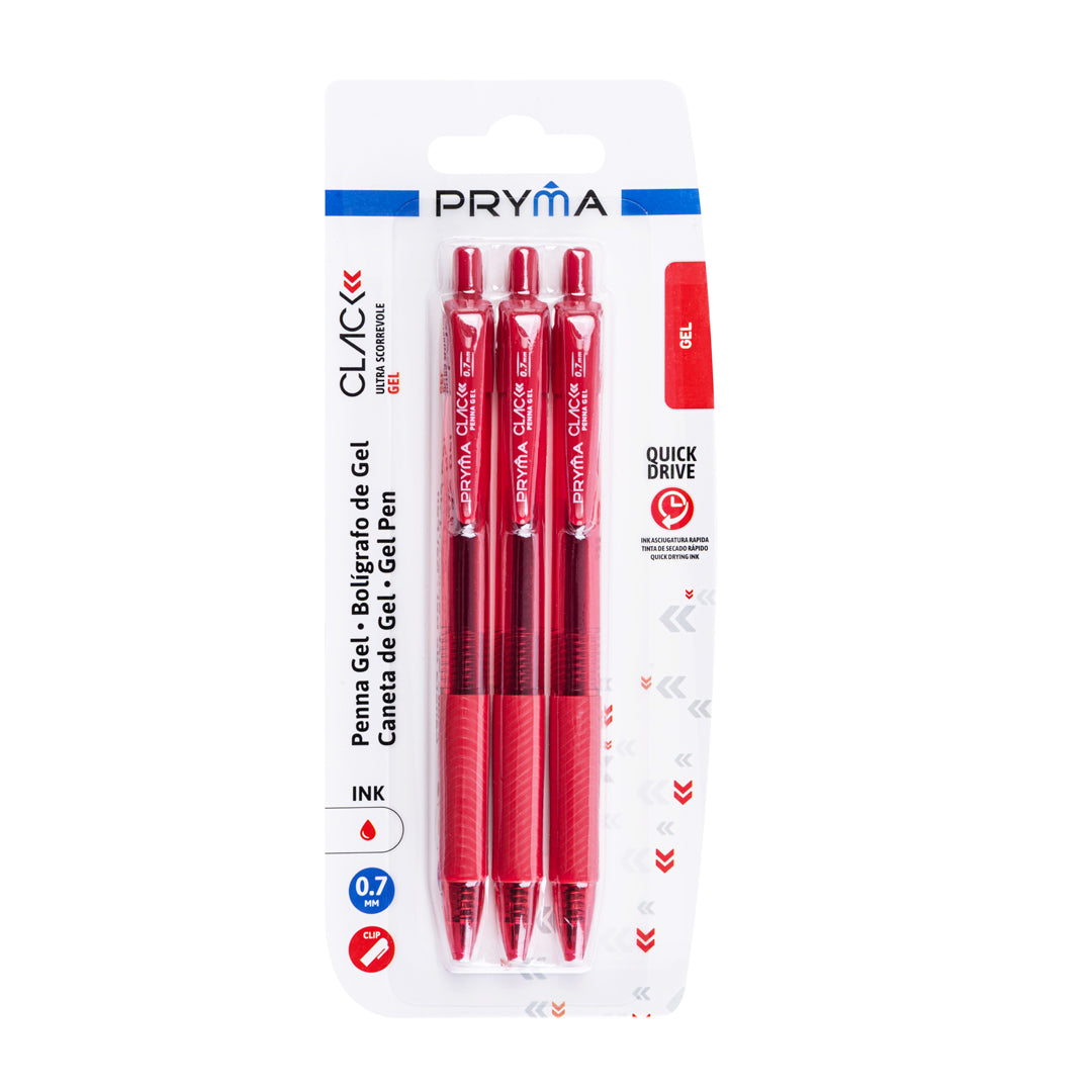 PRYMA Clack Set 3 Penne Gel Rosse a Scatto, Punta Media 0.7 mm – Penna Inchiostro Gel di Colore Rosso Fluido e a Rapida 