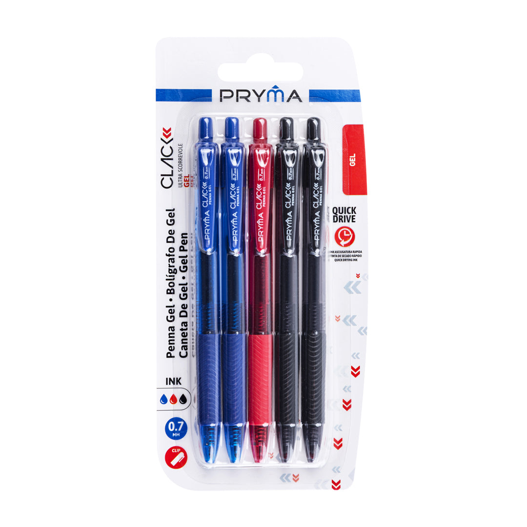 PRYMA Clack Set 5 Penne Gel a Scatto Colori Misti, Punta Media 0.7 mm – Kit Penne Inchiostro Gel Alta Scorrevolezza (2 B