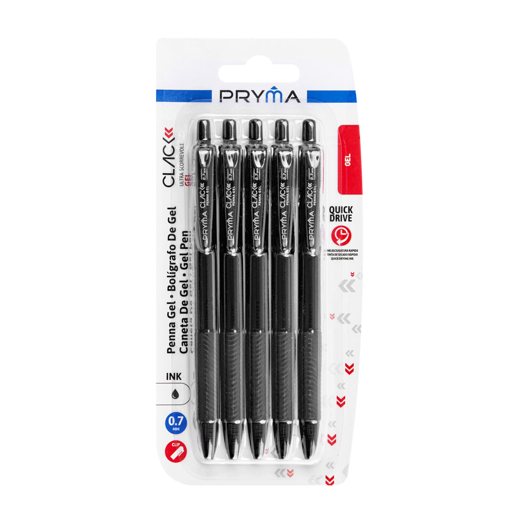 PRYMA Clack Set 5 Penne Gel Nere a Scatto, Punta Media 0.7 mm – Penna Inchiostro Gel di Colore Nero Fluido e a Rapida As