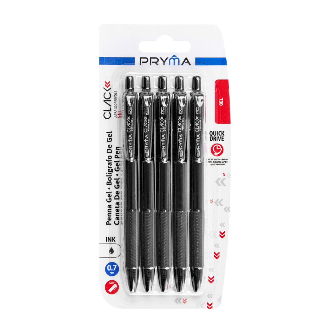 PRYMA Clack Set 5 Penne Gel Nere a Scatto, Punta Media 0.7 mm – Penna Inchiostro Gel di Colore Nero Fluido e a Rapida As