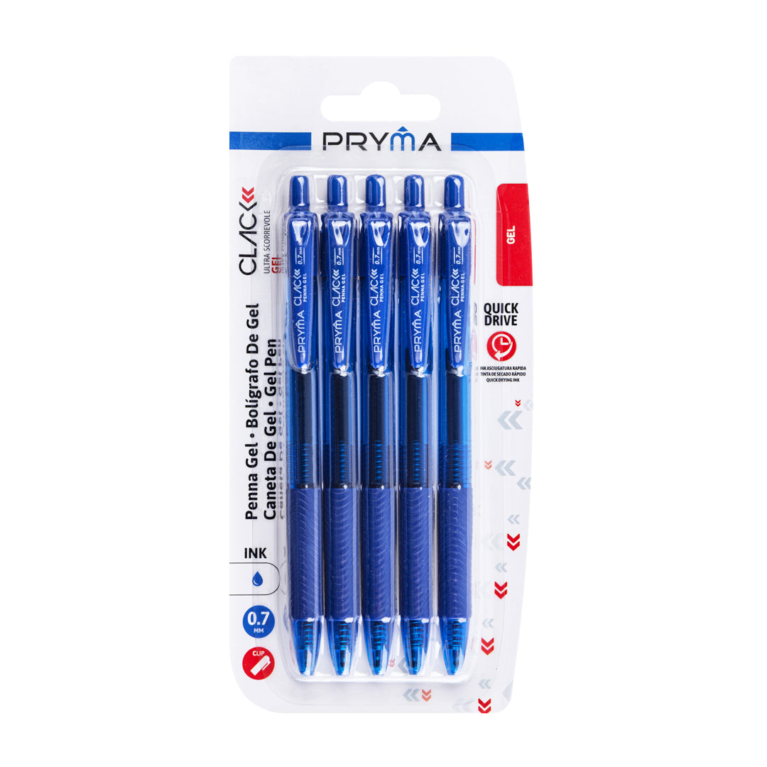 PRYMA Clack Set 5 Penne Gel Blu a Scatto, Punta Media 0.7 mm – Penna Inchiostro Gel di Colore Blu Fluido e a Rapida Asci