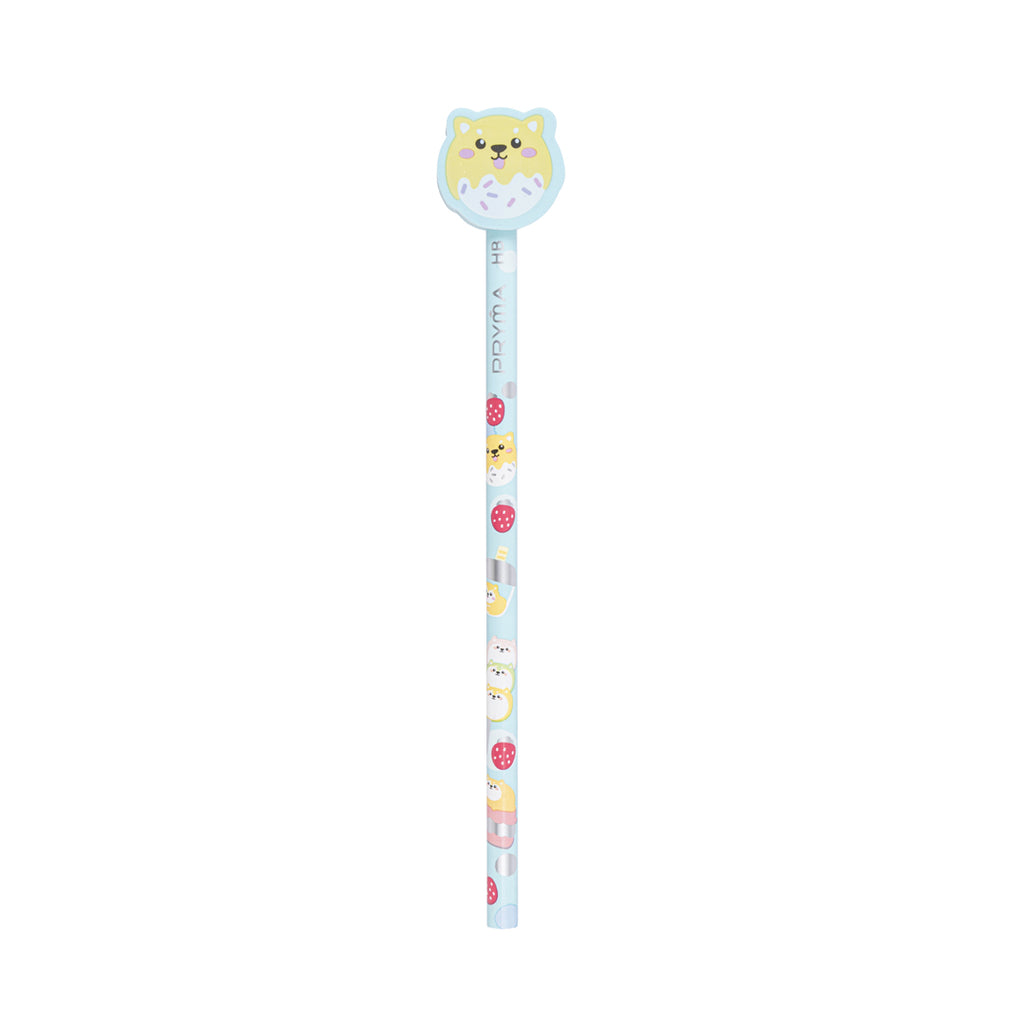 Pryma Matita HB con Maxi Gomma Cagnolino Kawaii 18cm – Matita in Legno per Scuola, Celeste e Giallo
