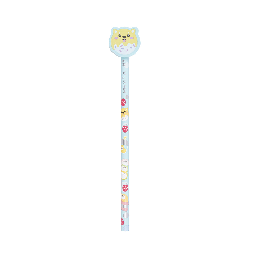 Pryma Matita HB con Maxi Gomma Cagnolino Kawaii 18cm – Matita in Legno per Scuola, Celeste e Giallo