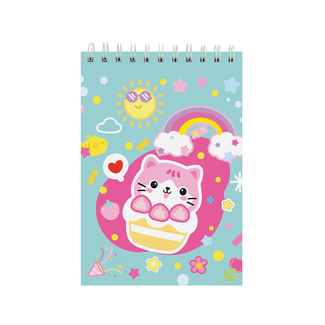 Pryma Set 2 Quaderni ad Anelli A5 Kawaii – 70 Fogli Rigatura 1R per Scuola, Grafica Gattino Rosa
