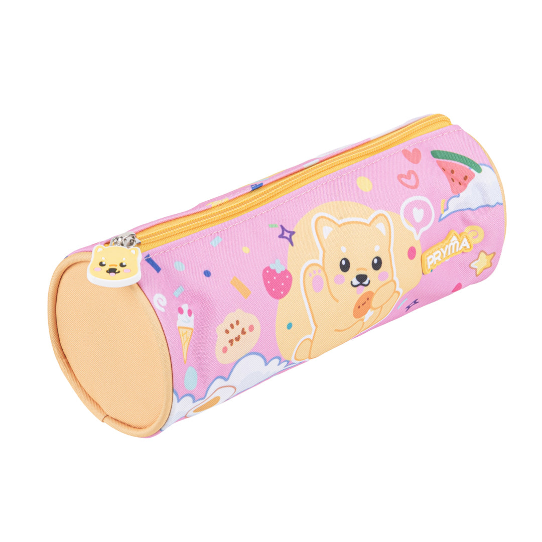 Pryma Astuccio Tombolino Portapenne Kawaii 22x8cm – Cilindrico per Scuola, Cagnolino Sfondo Rosa